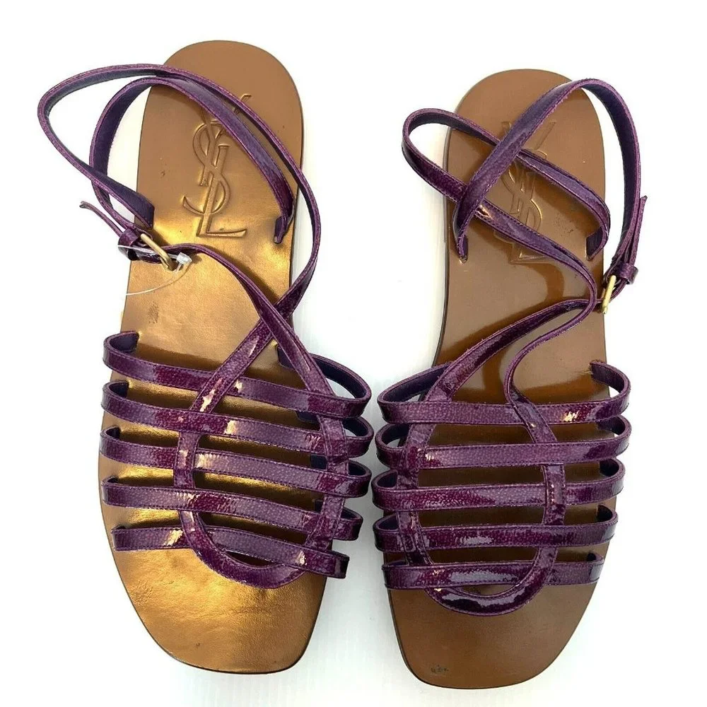 YSL Purple Pebbled Leather Strappy Sandals, Size 7.5 (IUT) 37.5 (IT) - Picture 3 of 11
